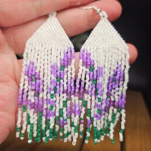 Beautiful Handmade Beaded Lavender Floral Fringe Earrings